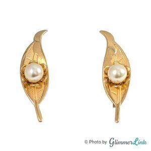 Vintage White Faux Pearl Leaf Climber Gold Tone Screw Back Earrings